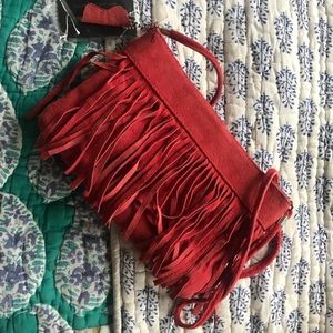 Salmon pink genuine suede leather fringe bag